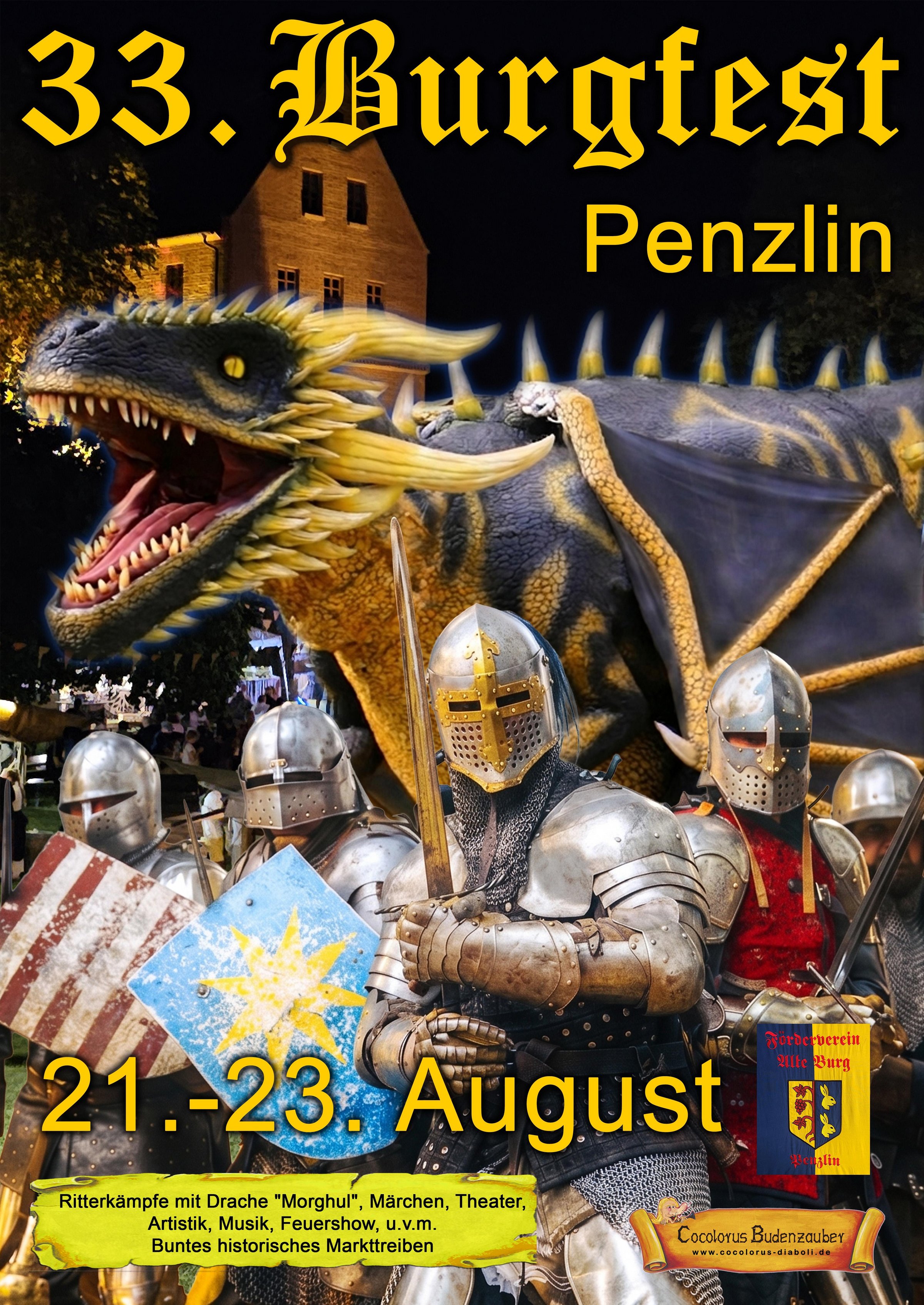 Plakat Burg mit Drachen und Ritter